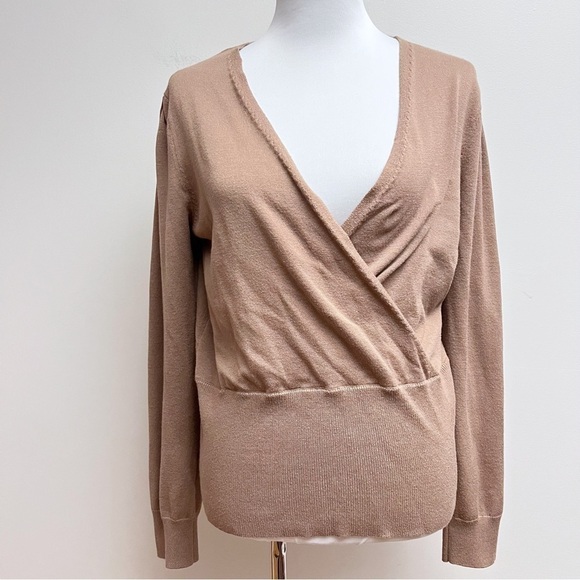 Massini Brown Surplice Plunge Wrap Long Sleeve Knit Sweater Large - Picture 2 of 8